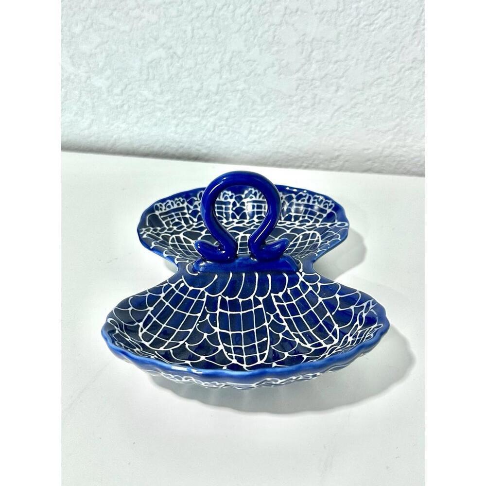 Vintage Trinket Dish Divided Cobalt Blue and White Handle Asian Style Decoration - Picture 3 of 5